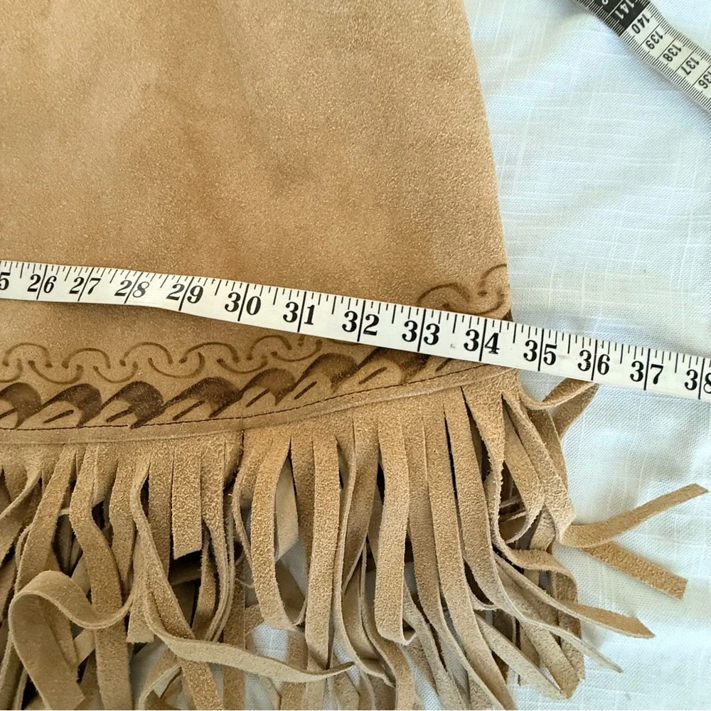 Vintage Hand Burned Pyrography Suede Leather Mexican Fringed Poncho - Picture 6 of 8